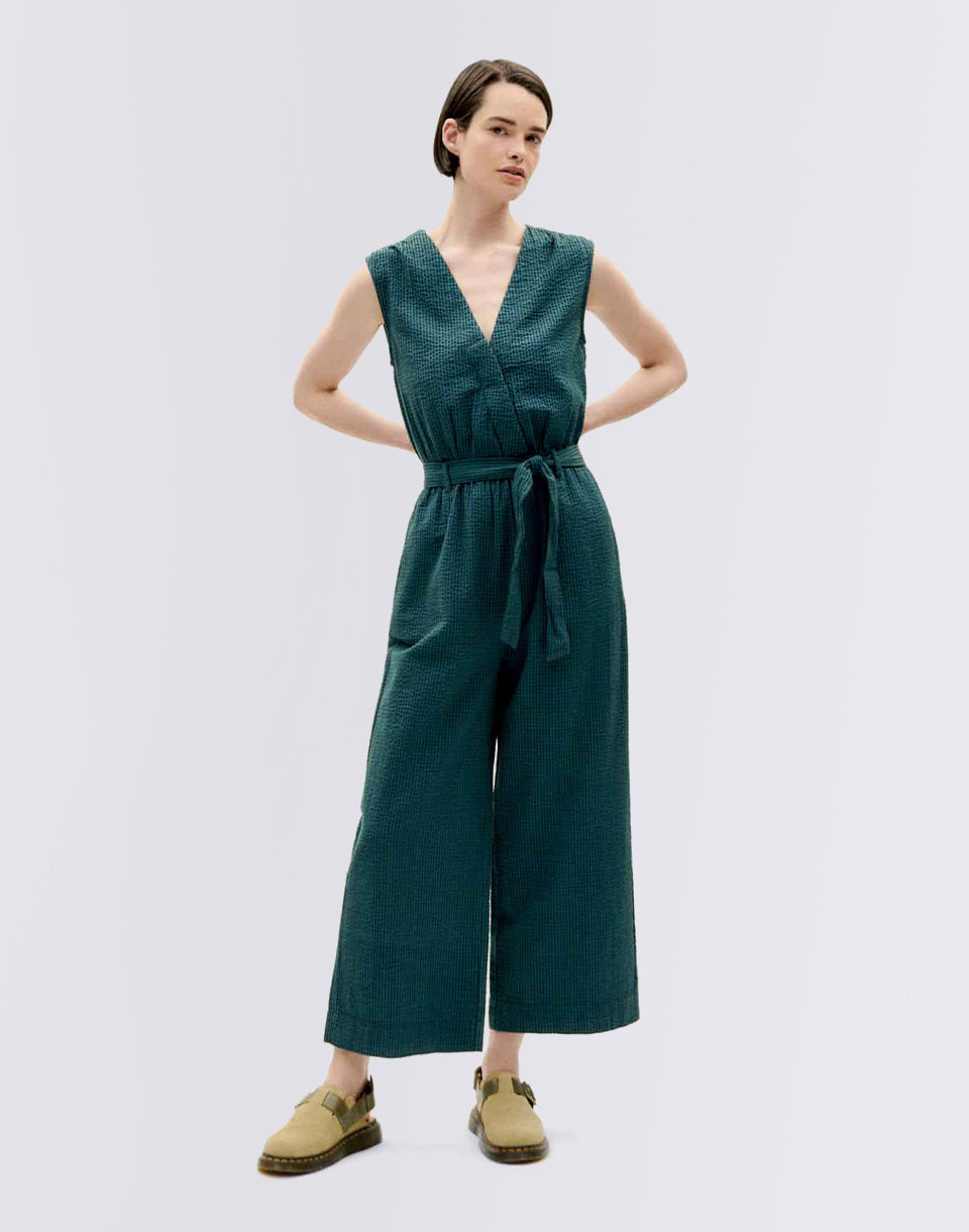 Bottle Green Checks Seersucker Winona Jumpsuit