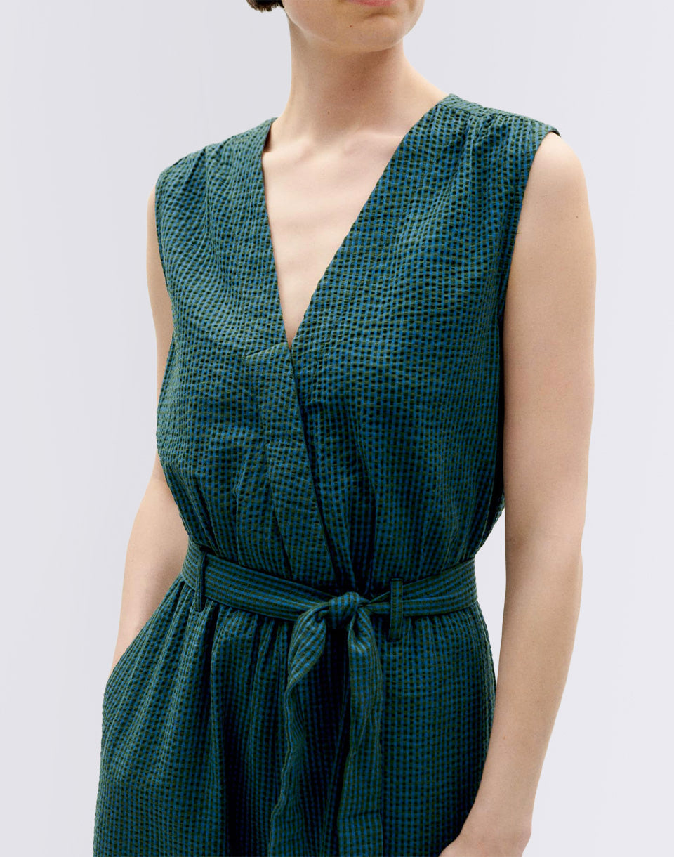 Bottle Green Checks Seersucker Winona Jumpsuit