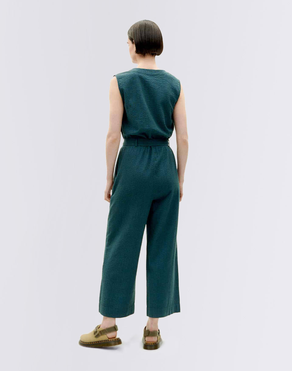 Bottle Green Checks Seersucker Winona Jumpsuit